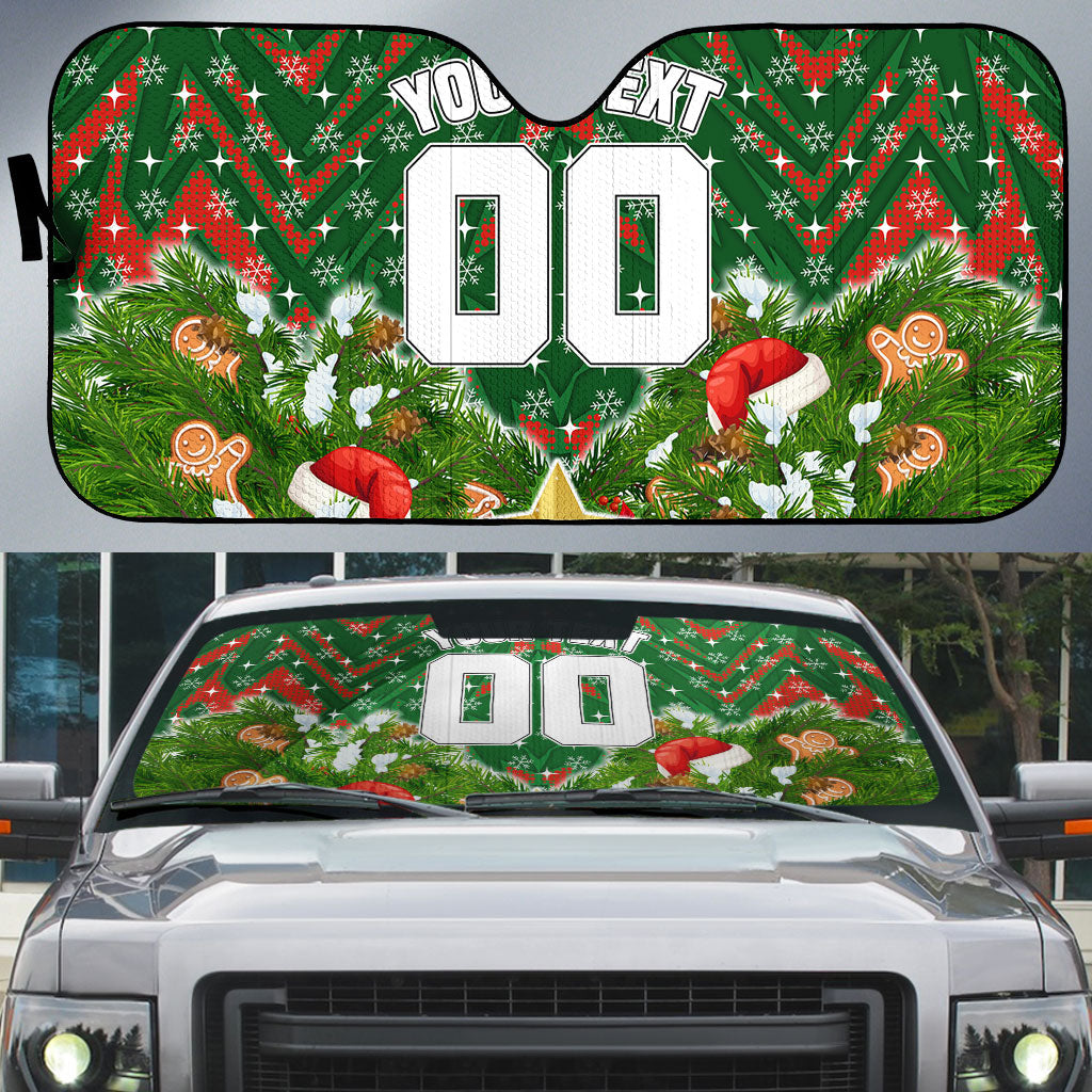 Personalised Rabbitohs Rugby Christmas Auto Sun Shade Santa Rugby Mascot - Pine Wreath Festive