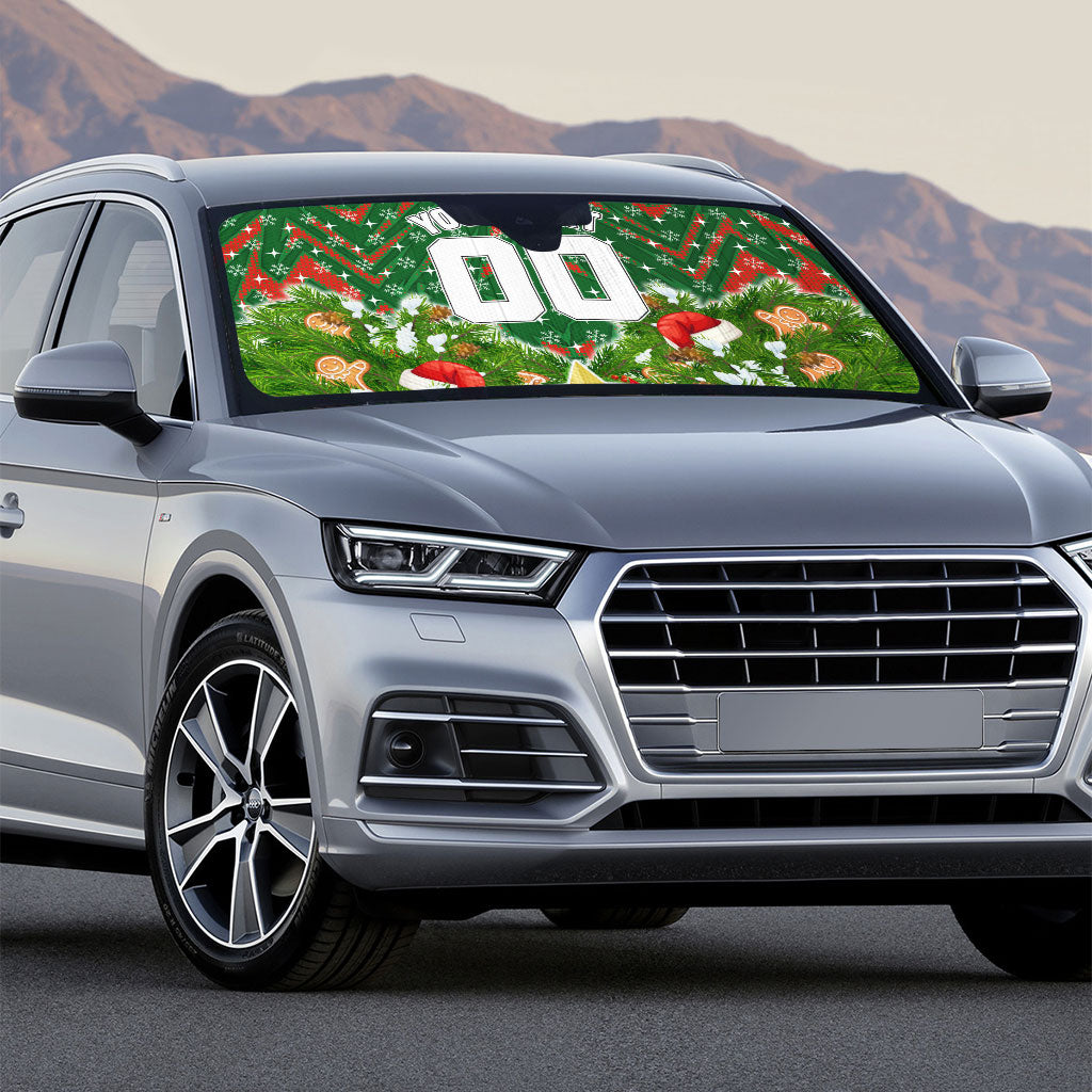 Personalised Rabbitohs Rugby Christmas Auto Sun Shade Santa Rugby Mascot - Pine Wreath Festive