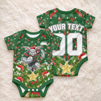 Personalised Rabbitohs Rugby Christmas Baby Onesie Santa Rugby Mascot - Pine Wreath Festive
