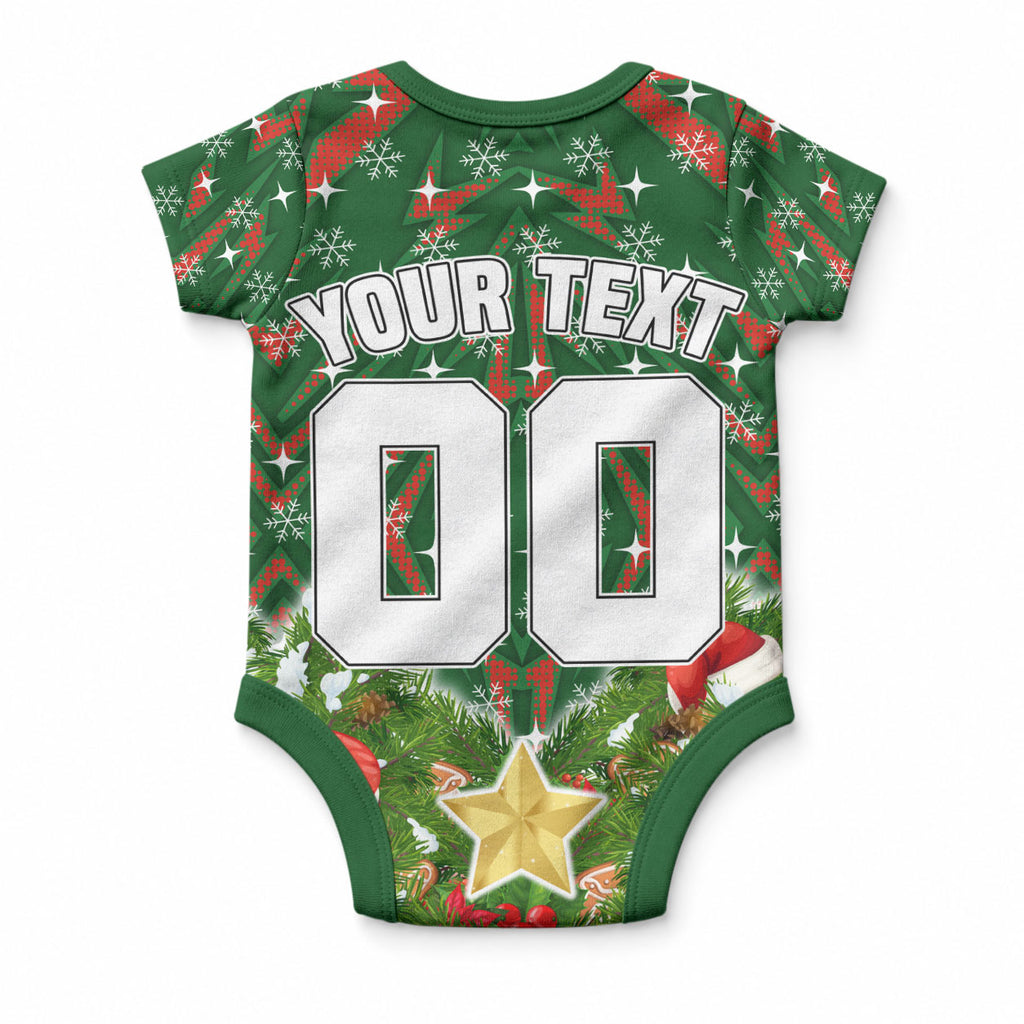 Personalised Rabbitohs Rugby Christmas Baby Onesie Santa Rugby Mascot - Pine Wreath Festive