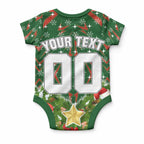 Personalised Rabbitohs Rugby Christmas Baby Onesie Santa Rugby Mascot - Pine Wreath Festive