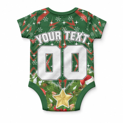 Personalised Rabbitohs Rugby Christmas Baby Onesie Santa Rugby Mascot - Pine Wreath Festive