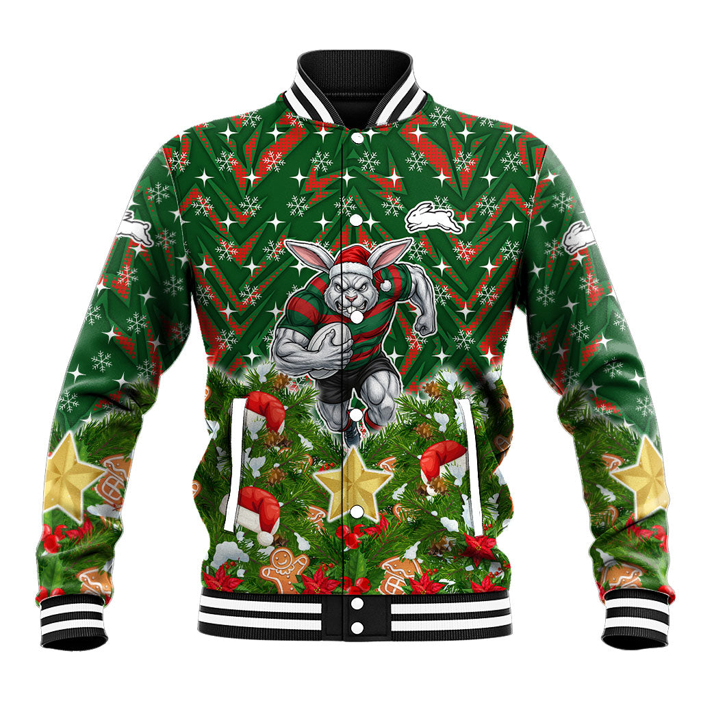 Personalised Rabbitohs Rugby Christmas Baseball Jacket Santa Rugby Mascot - Pine Wreath Festive