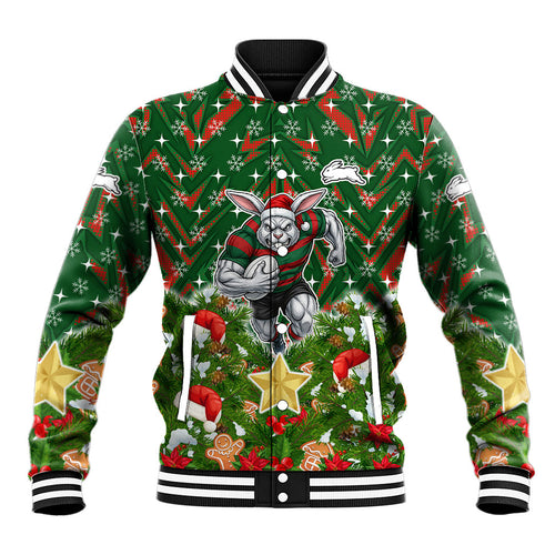 Personalised Rabbitohs Rugby Christmas Baseball Jacket Santa Rugby Mascot - Pine Wreath Festive