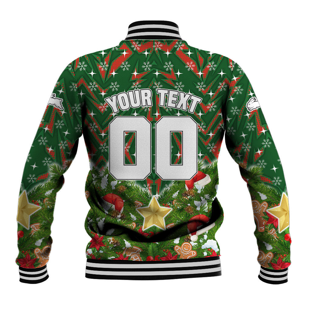 Personalised Rabbitohs Rugby Christmas Baseball Jacket Santa Rugby Mascot - Pine Wreath Festive
