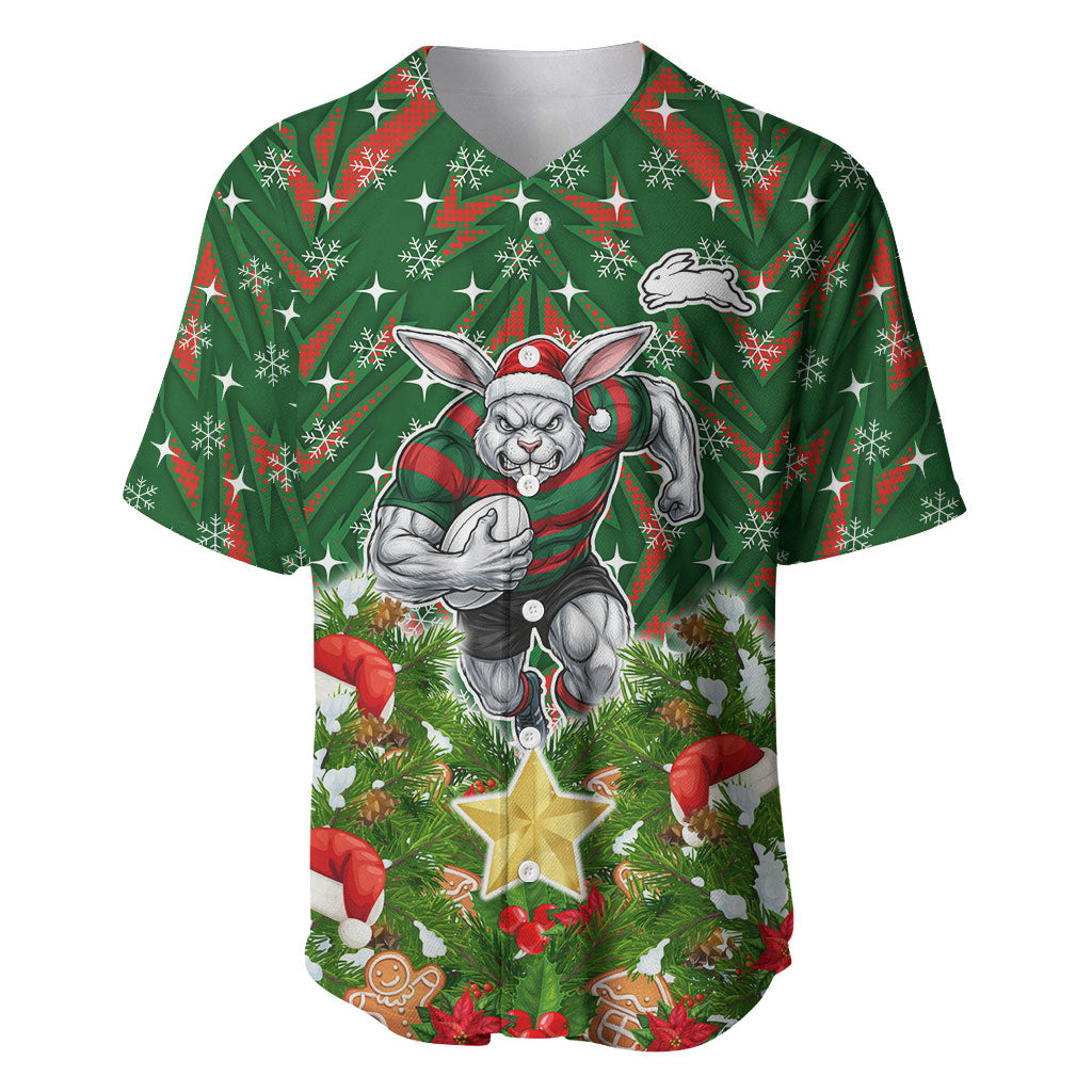 Personalised Rabbitohs Rugby Christmas Baseball Jersey Santa Rugby Mascot - Pine Wreath Festive