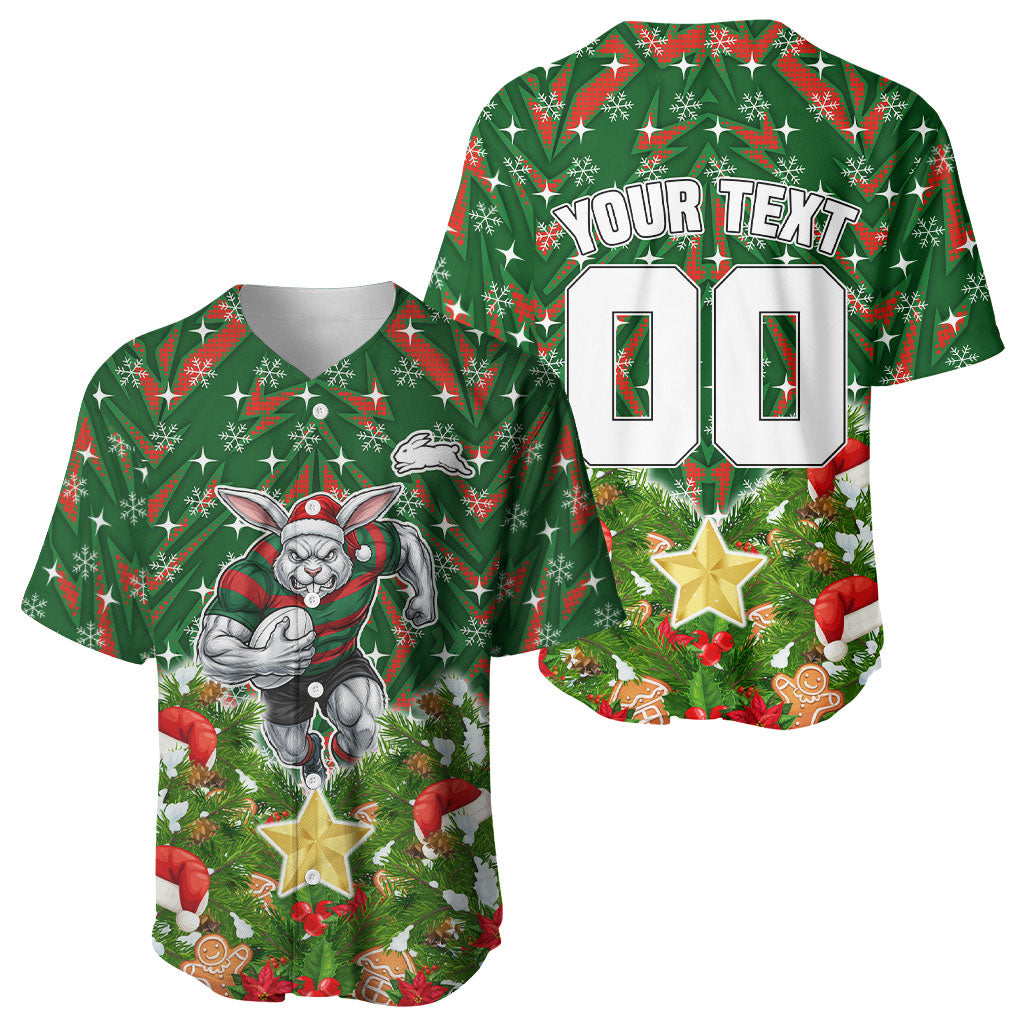 Personalised Rabbitohs Rugby Christmas Baseball Jersey Santa Rugby Mascot - Pine Wreath Festive