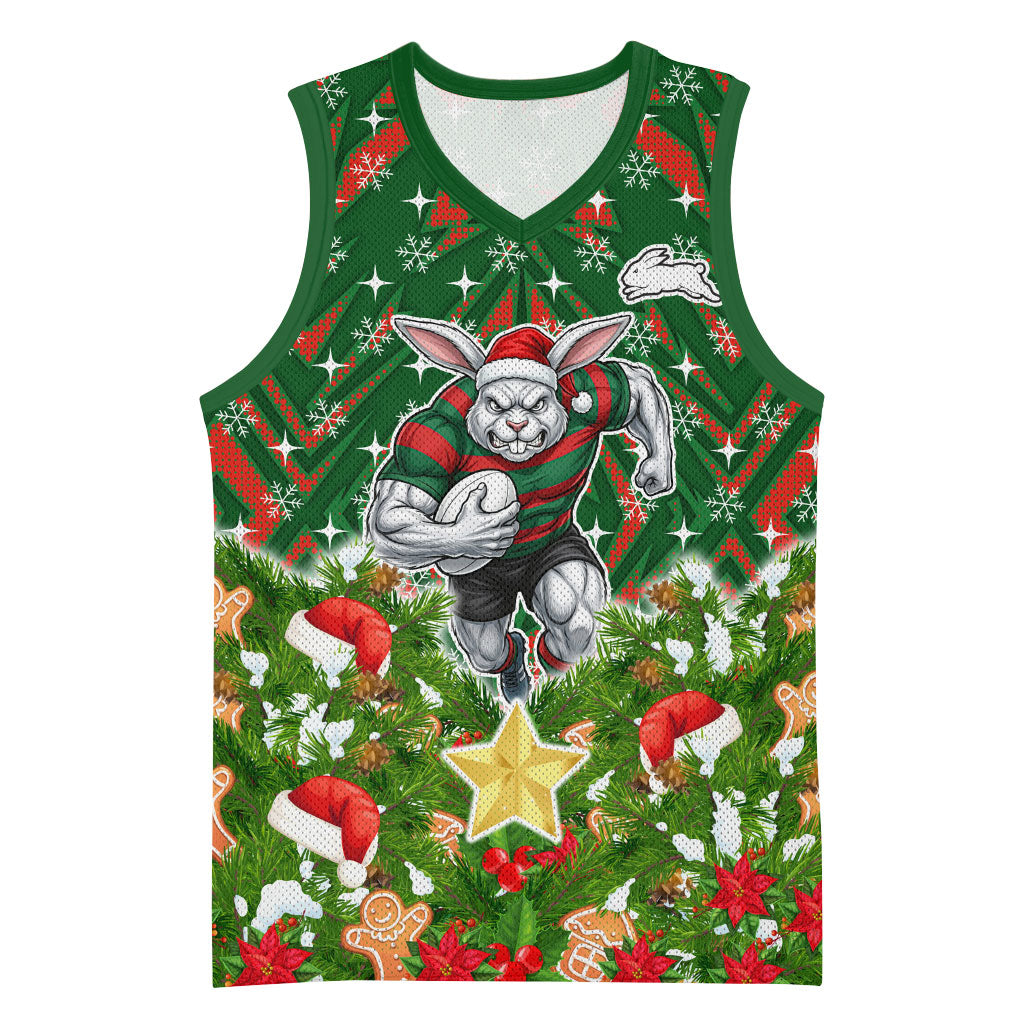 Personalised Rabbitohs Rugby Christmas Basketball Jersey Santa Rugby Mascot - Pine Wreath Festive