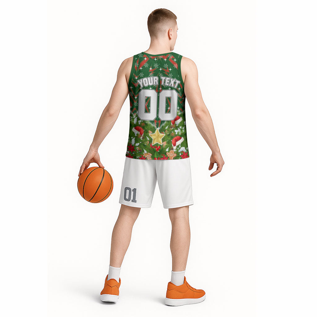 Personalised Rabbitohs Rugby Christmas Basketball Jersey Santa Rugby Mascot - Pine Wreath Festive