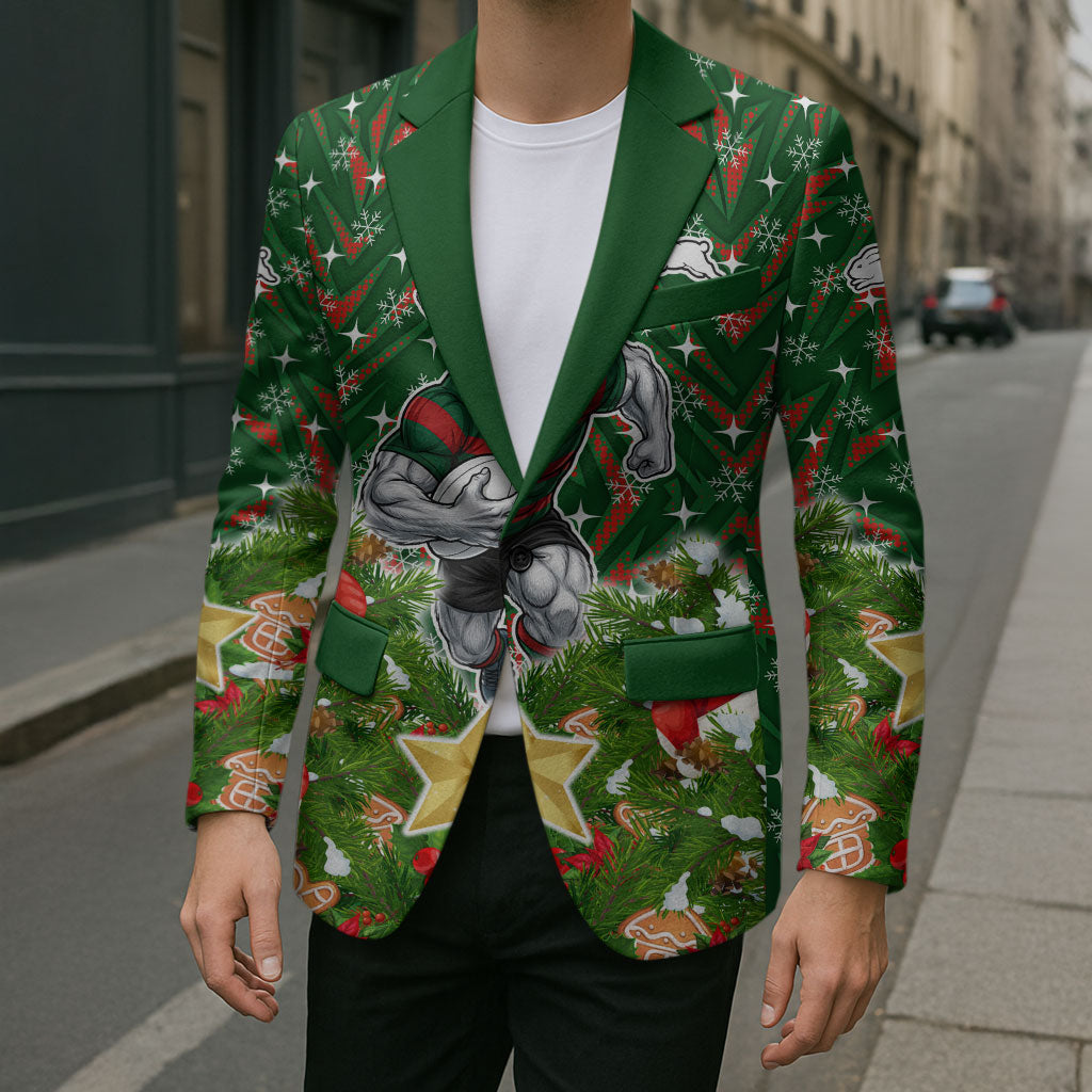 Personalised Rabbitohs Rugby Christmas Blazer Santa Rugby Mascot - Pine Wreath Festive