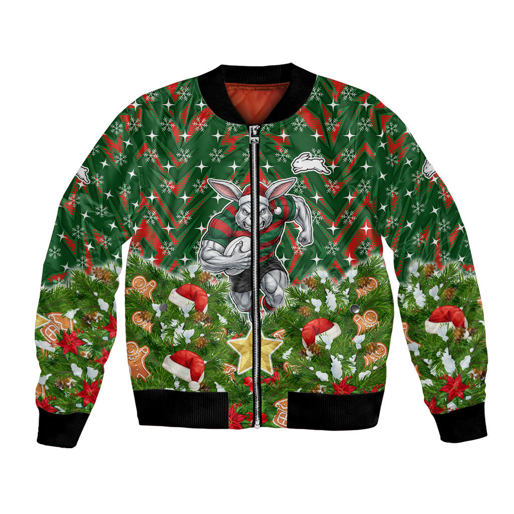 Personalised Rabbitohs Rugby Christmas Bomber Jacket Santa Rugby Mascot - Pine Wreath Festive
