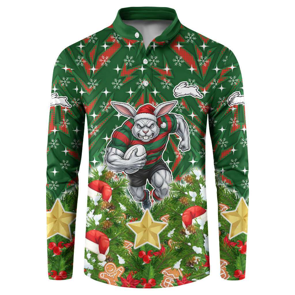Personalised Rabbitohs Rugby Christmas Button Sweatshirt Santa Rugby Mascot - Pine Wreath Festive