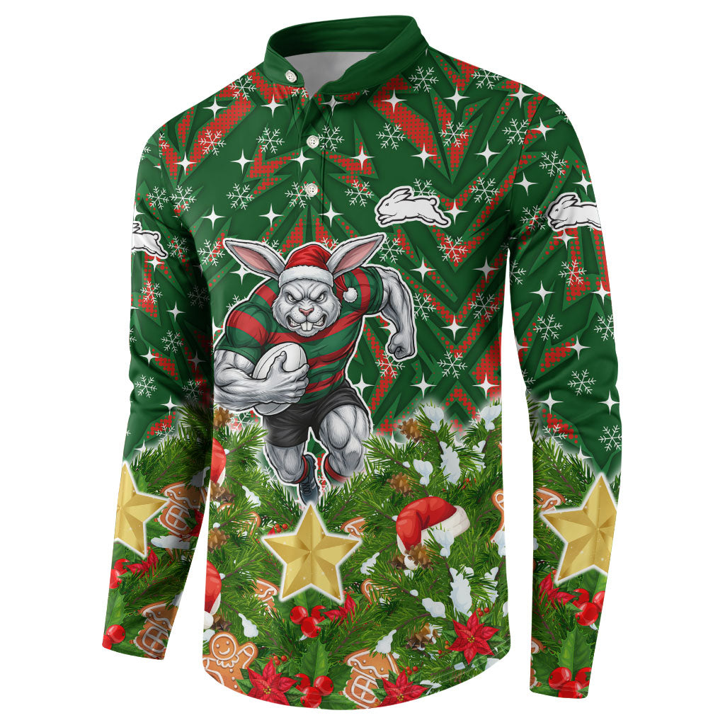 Personalised Rabbitohs Rugby Christmas Button Sweatshirt Santa Rugby Mascot - Pine Wreath Festive