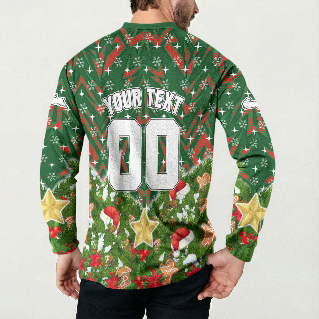 Personalised Rabbitohs Rugby Christmas Button Sweatshirt Santa Rugby Mascot - Pine Wreath Festive