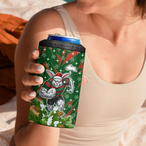 Personalised Rabbitohs Rugby Christmas 4 in 1 Can Cooler Tumbler Santa Rugby Mascot - Pine Wreath Festive