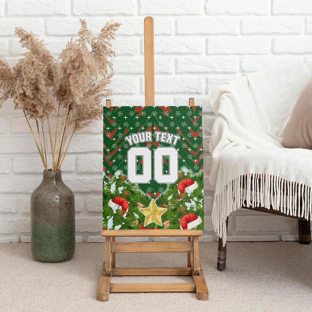 Personalised Rabbitohs Rugby Christmas Canvas Wall Art Santa Rugby Mascot - Pine Wreath Festive