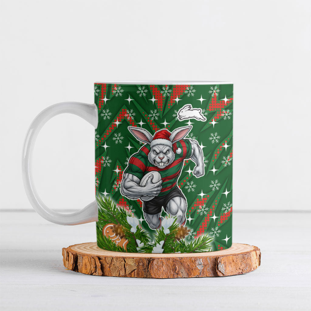 Personalised Rabbitohs Rugby Christmas Ceramic Mug Santa Rugby Mascot - Pine Wreath Festive