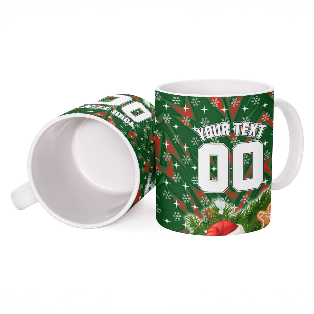 Personalised Rabbitohs Rugby Christmas Ceramic Mug Santa Rugby Mascot - Pine Wreath Festive