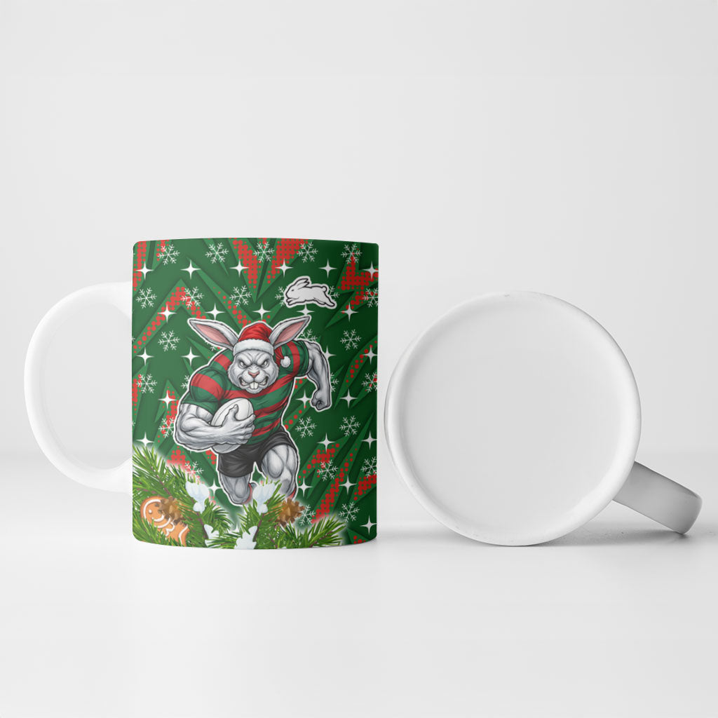 Personalised Rabbitohs Rugby Christmas Ceramic Mug Santa Rugby Mascot - Pine Wreath Festive