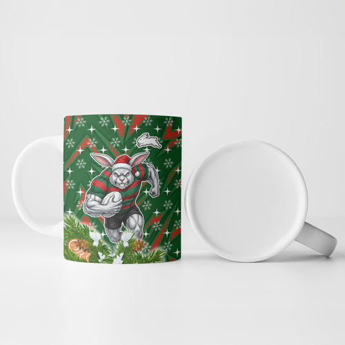 Personalised Rabbitohs Rugby Christmas Ceramic Mug Santa Rugby Mascot - Pine Wreath Festive