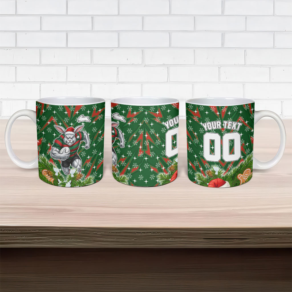 Personalised Rabbitohs Rugby Christmas Ceramic Mug Santa Rugby Mascot - Pine Wreath Festive