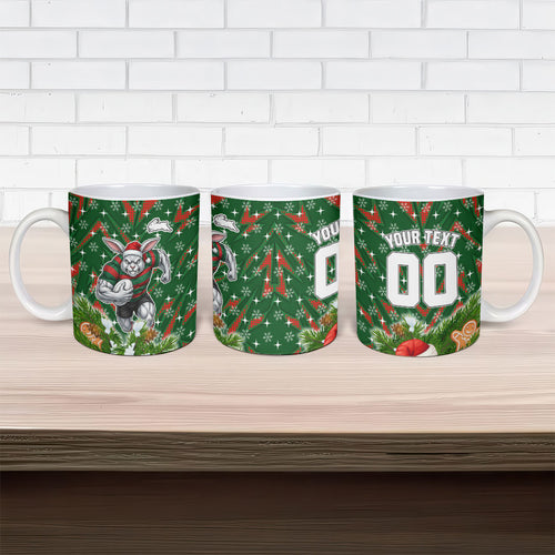 Personalised Rabbitohs Rugby Christmas Ceramic Mug Santa Rugby Mascot - Pine Wreath Festive