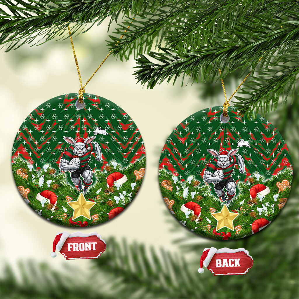 Rabbitohs Rugby Christmas Ceramic Ornament Santa Rugby Mascot - Pine Wreath Festive
