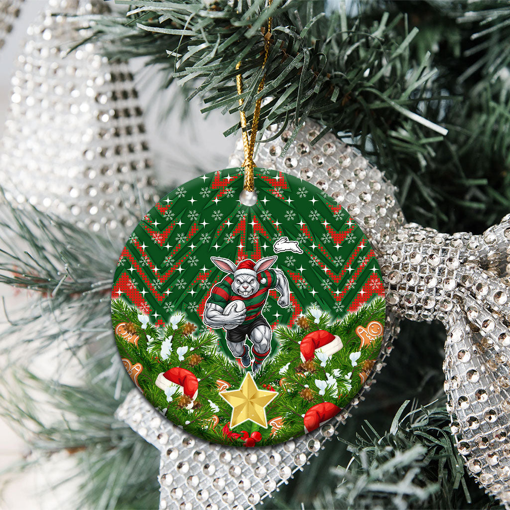 Rabbitohs Rugby Christmas Ceramic Ornament Santa Rugby Mascot - Pine Wreath Festive
