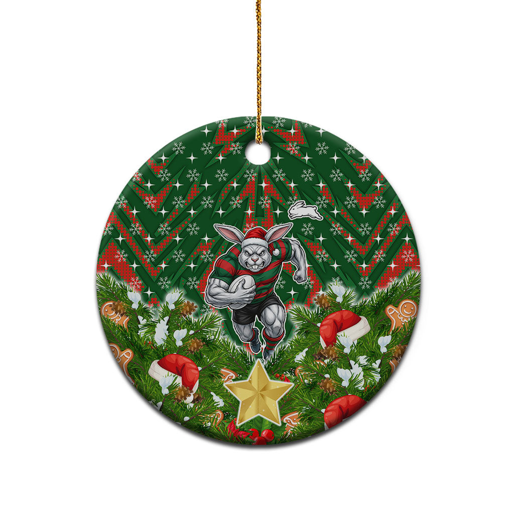 Rabbitohs Rugby Christmas Ceramic Ornament Santa Rugby Mascot - Pine Wreath Festive