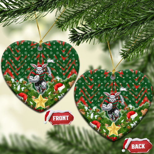 Rabbitohs Rugby Christmas Ceramic Ornament Santa Rugby Mascot - Pine Wreath Festive
