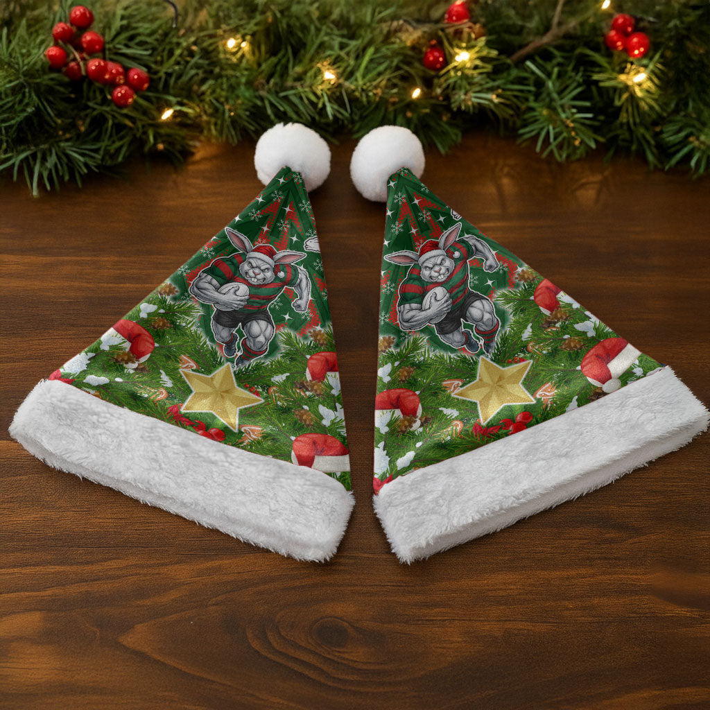 Rabbitohs Rugby Christmas Santa Hat Santa Rugby Mascot - Pine Wreath Festive
