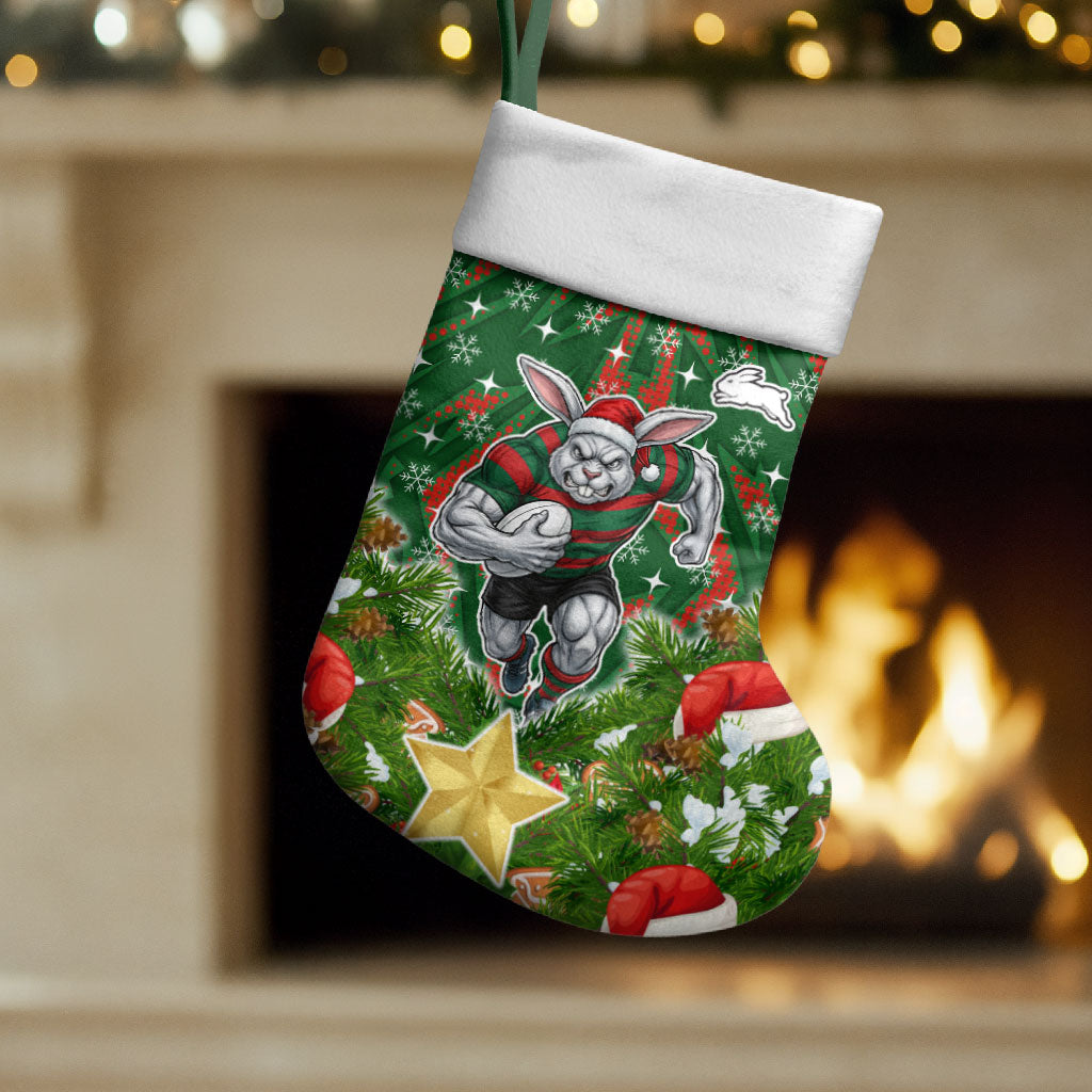 Rabbitohs Rugby Christmas Stocking Santa Rugby Mascot - Pine Wreath Festive