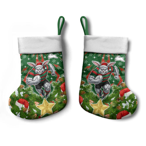 Rabbitohs Rugby Christmas Stocking Santa Rugby Mascot - Pine Wreath Festive