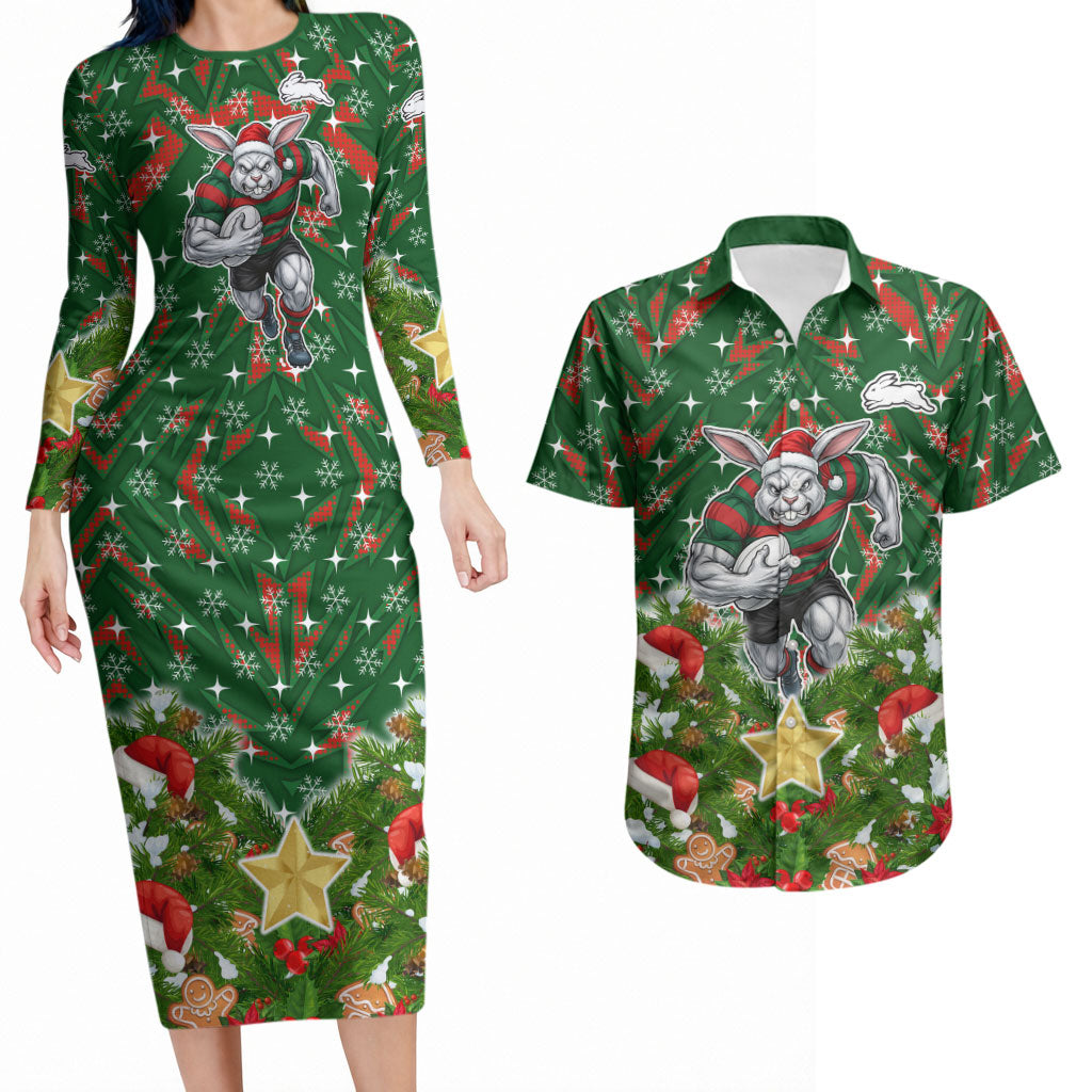 Personalised Rabbitohs Rugby Christmas Couples Matching Long Sleeve Bodycon Dress and Hawaiian Shirt Santa Rugby Mascot - Pine Wreath Festive