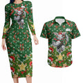 Personalised Rabbitohs Rugby Christmas Couples Matching Long Sleeve Bodycon Dress and Hawaiian Shirt Santa Rugby Mascot - Pine Wreath Festive