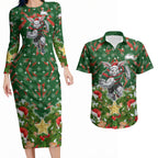 Personalised Rabbitohs Rugby Christmas Couples Matching Long Sleeve Bodycon Dress and Hawaiian Shirt Santa Rugby Mascot - Pine Wreath Festive