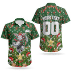 Personalised Rabbitohs Rugby Christmas Couples Matching Long Sleeve Bodycon Dress and Hawaiian Shirt Santa Rugby Mascot - Pine Wreath Festive
