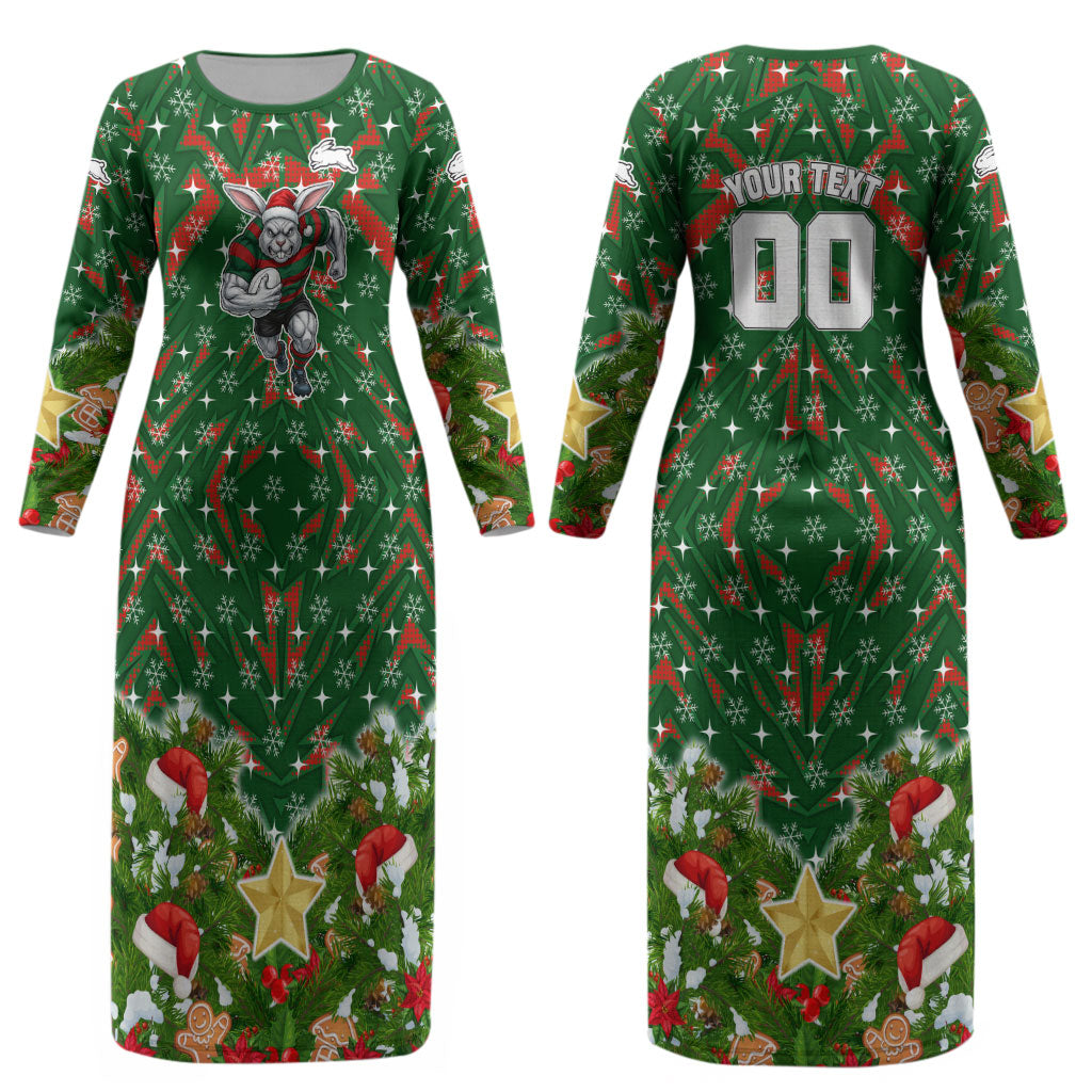 Personalised Rabbitohs Rugby Christmas Couples Matching Long Sleeve Bodycon Dress and Hawaiian Shirt Santa Rugby Mascot - Pine Wreath Festive