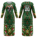 Personalised Rabbitohs Rugby Christmas Couples Matching Long Sleeve Bodycon Dress and Hawaiian Shirt Santa Rugby Mascot - Pine Wreath Festive
