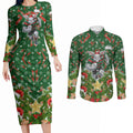 Personalised Rabbitohs Rugby Christmas Couples Matching Long Sleeve Bodycon Dress and Long Sleeve Button Shirt Santa Rugby Mascot - Pine Wreath Festive