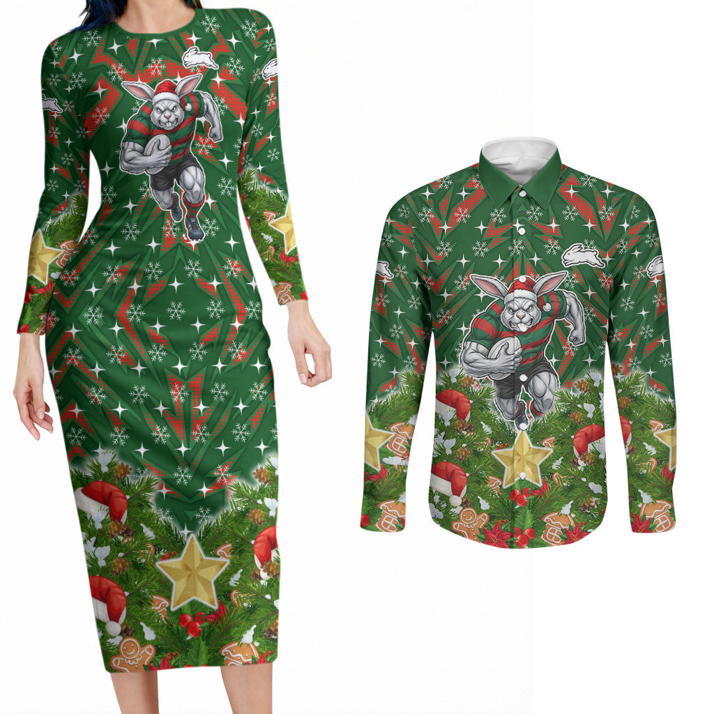 Personalised Rabbitohs Rugby Christmas Couples Matching Long Sleeve Bodycon Dress and Long Sleeve Button Shirt Santa Rugby Mascot - Pine Wreath Festive