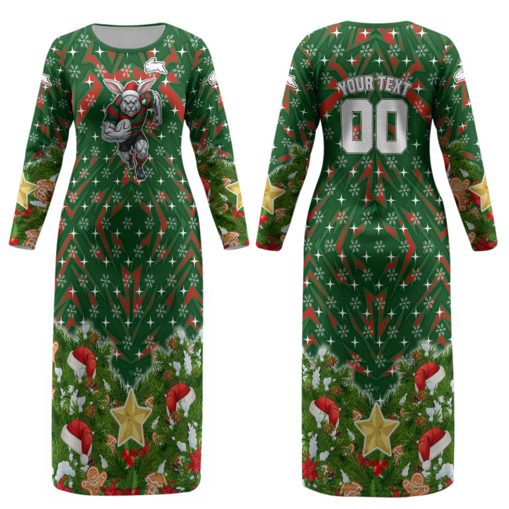Personalised Rabbitohs Rugby Christmas Couples Matching Long Sleeve Bodycon Dress and Long Sleeve Button Shirt Santa Rugby Mascot - Pine Wreath Festive