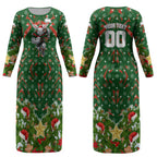 Personalised Rabbitohs Rugby Christmas Couples Matching Long Sleeve Bodycon Dress and Long Sleeve Button Shirt Santa Rugby Mascot - Pine Wreath Festive