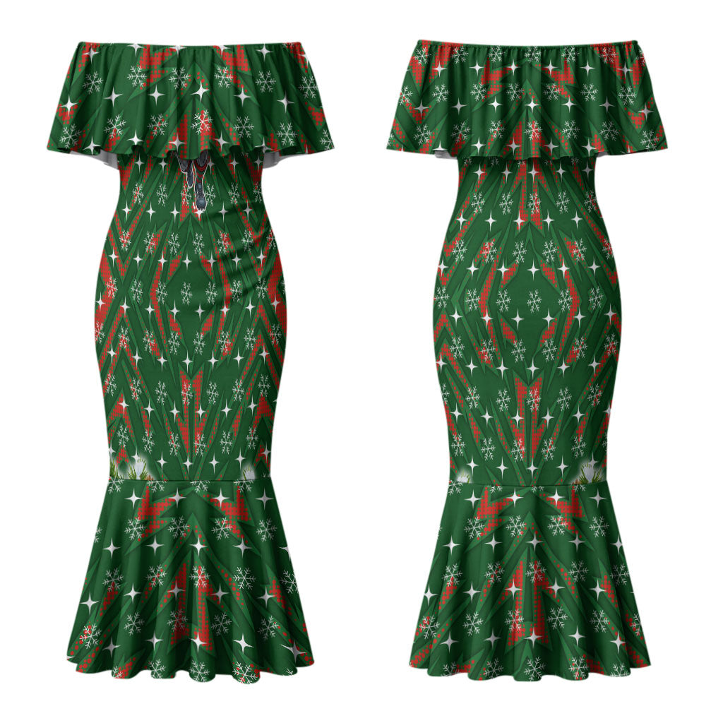 Personalised Rabbitohs Rugby Christmas Couples Matching Mermaid Dress and Long Sleeve Button Shirt Santa Rugby Mascot - Pine Wreath Festive