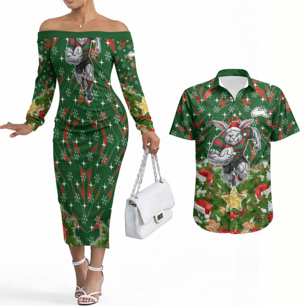 Personalised Rabbitohs Rugby Christmas Couples Matching Off The Shoulder Long Sleeve Dress and Hawaiian Shirt Santa Rugby Mascot - Pine Wreath Festive