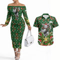 Personalised Rabbitohs Rugby Christmas Couples Matching Off The Shoulder Long Sleeve Dress and Hawaiian Shirt Santa Rugby Mascot - Pine Wreath Festive