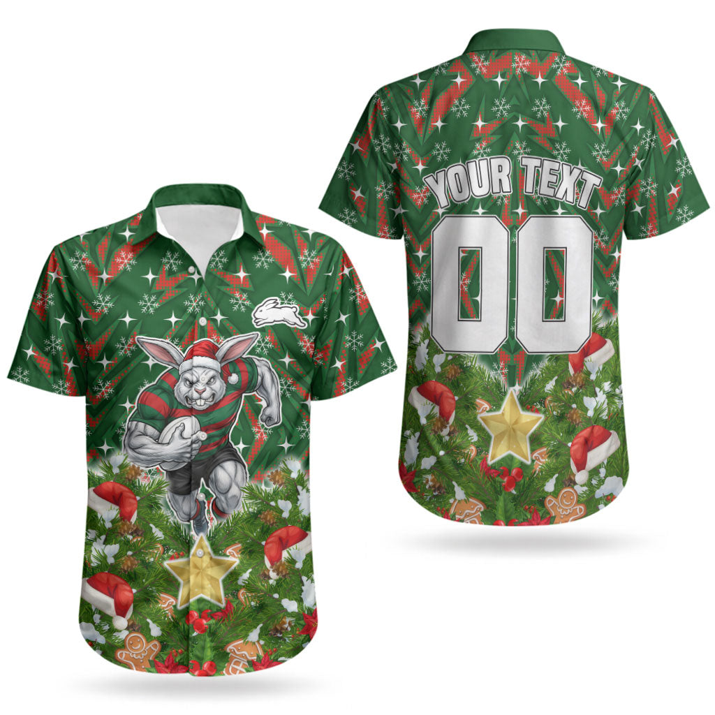 Personalised Rabbitohs Rugby Christmas Couples Matching Off The Shoulder Long Sleeve Dress and Hawaiian Shirt Santa Rugby Mascot - Pine Wreath Festive