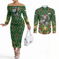 Personalised Rabbitohs Rugby Christmas Couples Matching Off The Shoulder Long Sleeve Dress and Long Sleeve Button Shirt Santa Rugby Mascot - Pine Wreath Festive