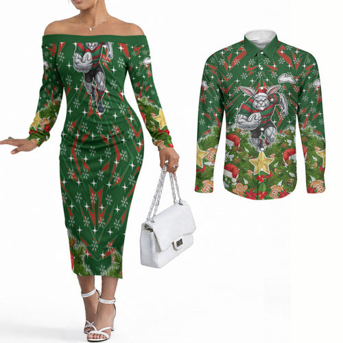 Personalised Rabbitohs Rugby Christmas Couples Matching Off The Shoulder Long Sleeve Dress and Long Sleeve Button Shirt Santa Rugby Mascot - Pine Wreath Festive