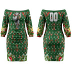 Personalised Rabbitohs Rugby Christmas Couples Matching Off The Shoulder Long Sleeve Dress and Long Sleeve Button Shirt Santa Rugby Mascot - Pine Wreath Festive